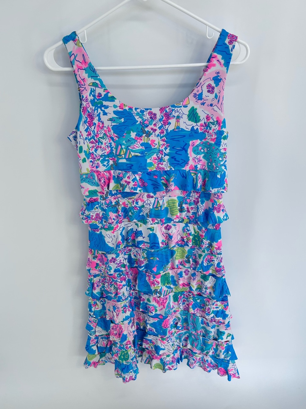 Lulu-B Sleeveless Tropical Sailboat Tiered Ruffle Dress - XS - Picture 3 of 5